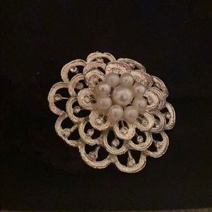 Black Scrunchie with Silver Tone Metal Flower